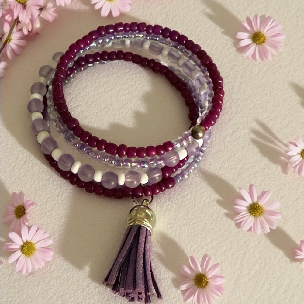 Handmade Purple Beaded Wrap Bracelet with Tassel